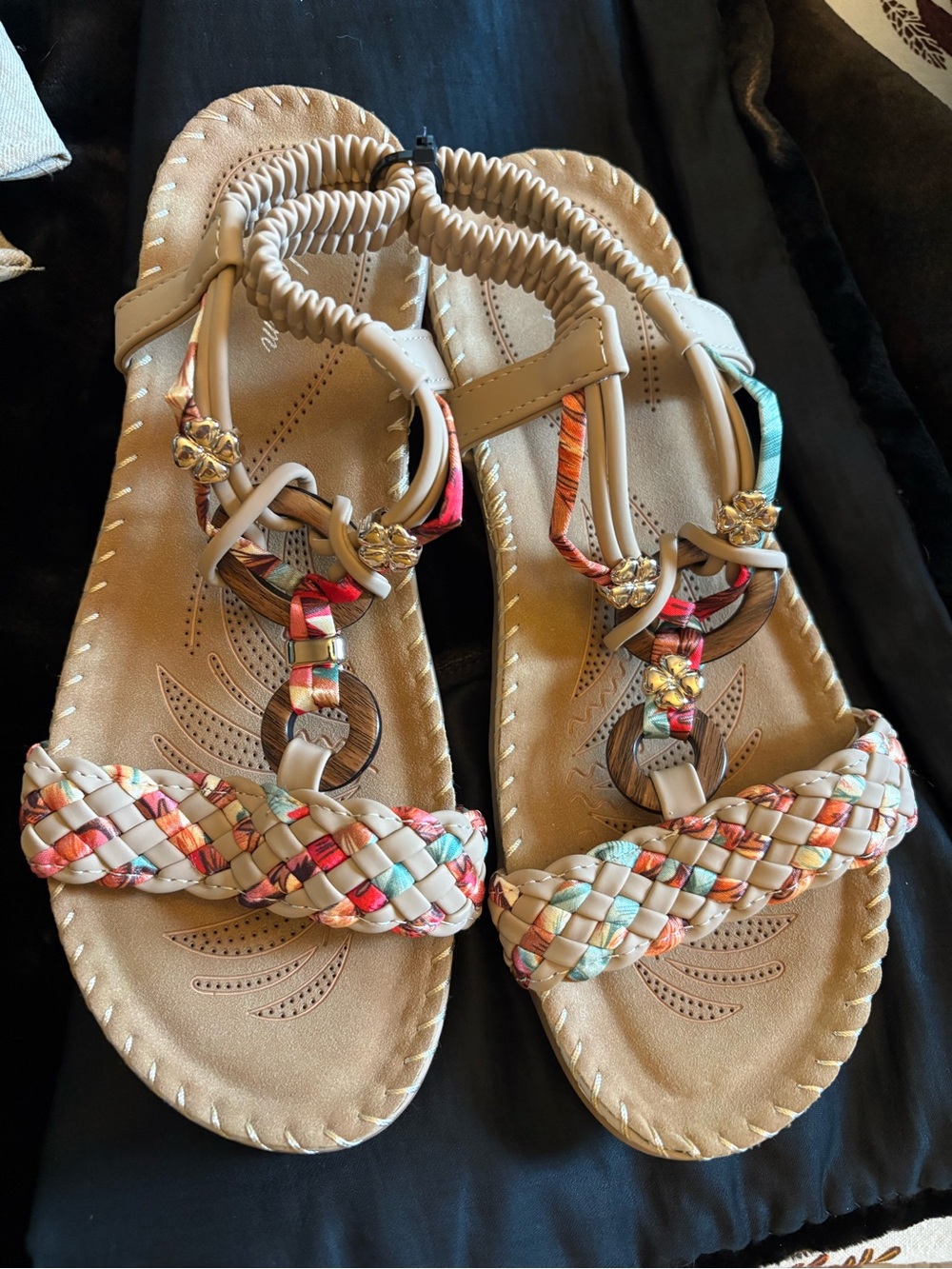 Women’s  Braided Tan Sandals with Multi-Color Accents boho